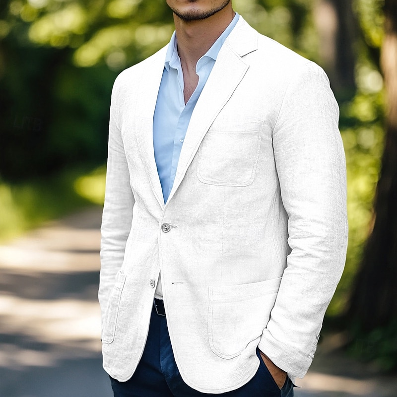 Men's Linen Blazer Sport Coat Wedding Casual Daily Fashion All Seasons Cotton Linen Solid Colored Basic Single Breasted Two-button Blazer White Sky Blue Beige