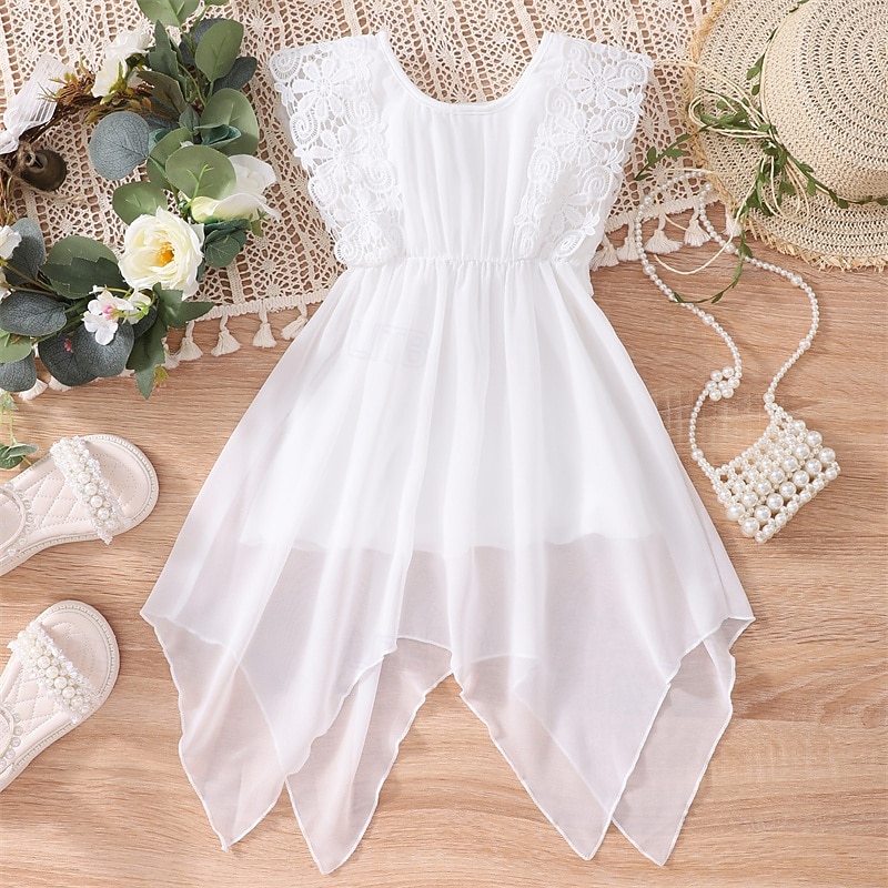 Flower Girl Dress Kid's Girls' Lace Dress Princess Dress Performance Wedding Party Elegant Beautiful Lace Solid Color Sleeveless Crew Neck White 4 years+3