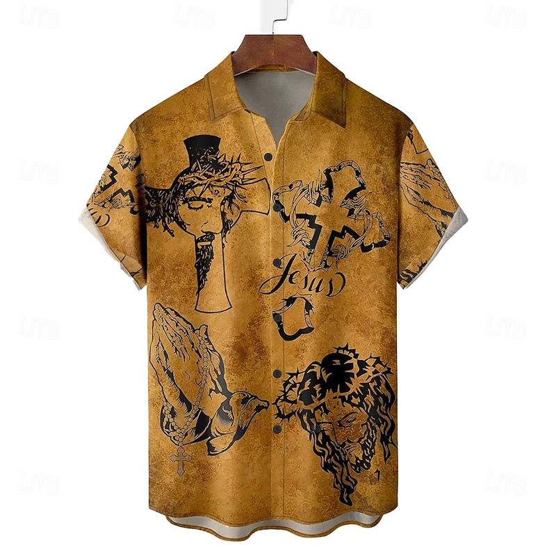 Easter Men's Jesus Christian Shirt Casual Shirt Button Up Shirt Short Sleeve Vintage Retro Vacation Holiday Festival Summer Spring Turndown 3D Print Collared Shirts Yellow