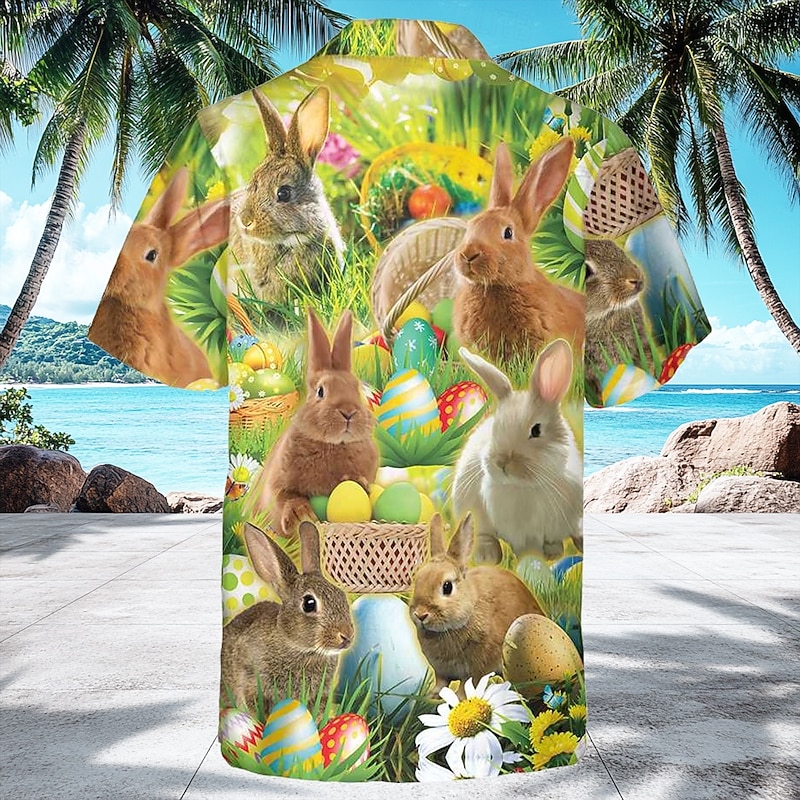 Easter Men's Bunny Easter Egg Shirt Cuban Collar Shirt Button Up Shirt Short Sleeve Vintage Retro Holiday Festival Summer Spring Camp Collar Shirt 3D Print Green2
