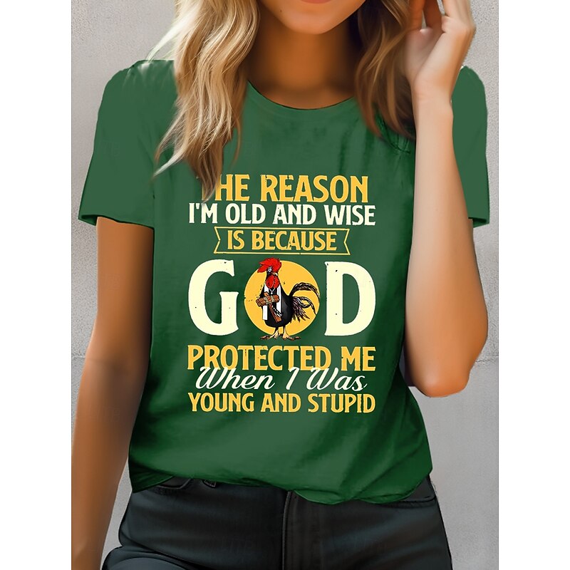 Women's T Shirt Cotton Shirt Rooster Letter Casual Short Sleeve Round Neck Regular Tops Daily Print Black Blue Green Summer4