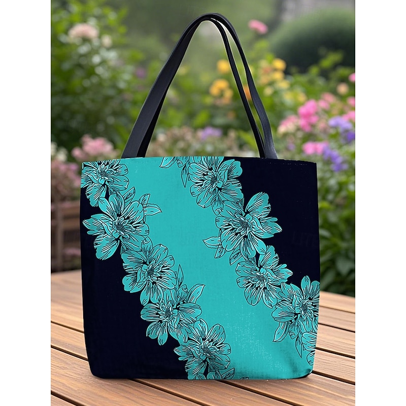 "Floral Tote Bag for Women – Stylish Large Capacity Handbag with Black and Pink Flower Design, Perfect for Shopping, Travel, and Daily Use"4