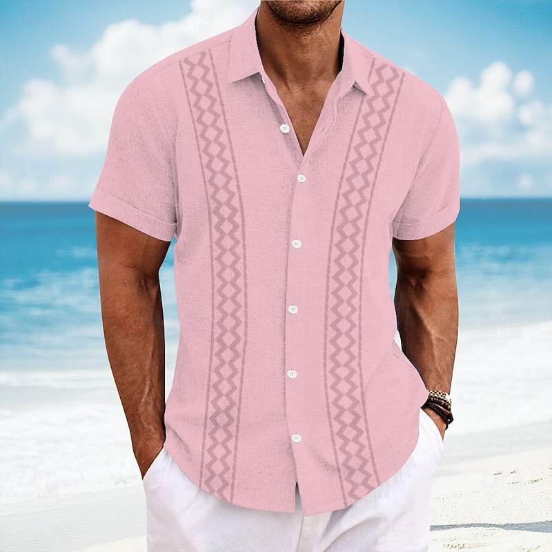 Men's Geometric Shirt Guayabera Shirt Button Up Shirt Short Sleeve Fashion Casual Vacation Dailywear Beach Wear Summer Spring Turndown Collared Shirts White Pink Blue Green2
