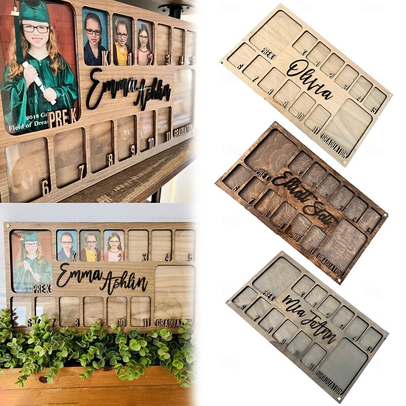 Graduation School Picture Frame, Pre-K to 12, Wooden Photo Frame for School Years (K-12), 14 Photo Slots, Ideal Graduation Gifts & Party Decor for Children and Classmates