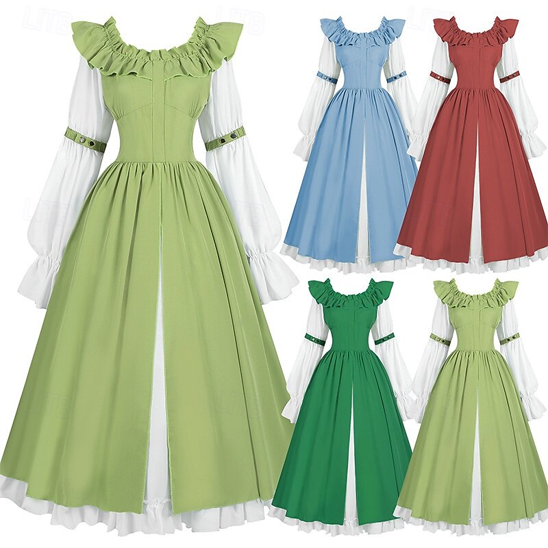 Retro Vintage Medieval Renaissance Midi Dress Puff Sleeve Viking Celtic Knight Elven Lace up Fancy Dress Women's Celtic Halloween Carnival Vacation Party LARP Adults' Dress