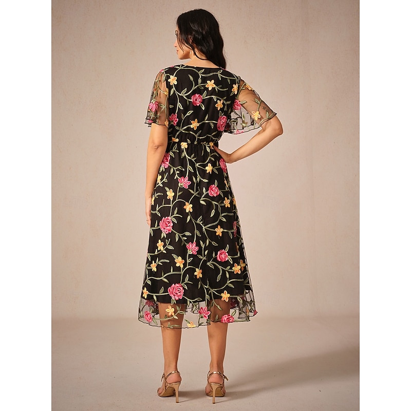 Women's Midi Dress Black Dress Elegant Stylish Party Wedding Guest Date Loose Fit Floral Short Sleeve V Neck Black Summer Spring4