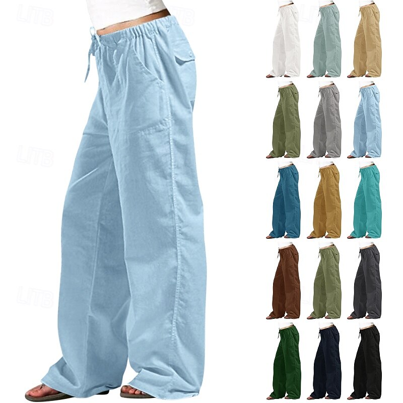 Women's Cotton Linen Pants Slacks Streetwear Casual Full Length Natural Plain Pocket Elastic Drawstring Design Outdoor Comfortable Daily Wear Going out Depression Green Dark Brown Light Sky Blue Navy