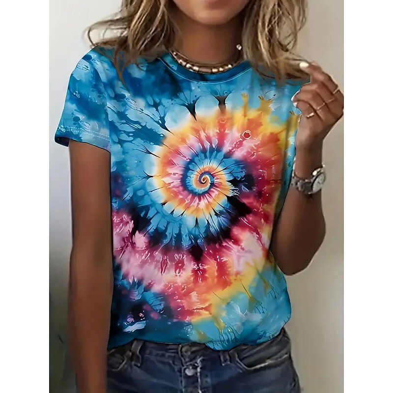 Women's T Shirt Summer Tops Graphic Tie Dye Classic Casual Short Sleeve Crew Neck Crop Tops Daily Weekend Print Rainbow Summer Spring Fall