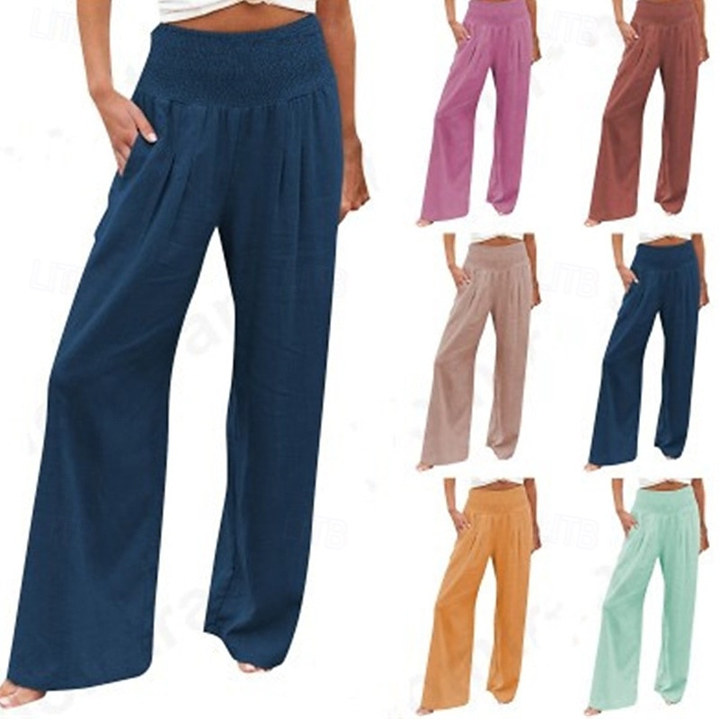 Women's Cotton Linen Pants Slacks Palazzo Pants Fashion Streetwear Full Length Natural Plain Pocket Elastic Waist Comfy Outdoor Street Going out Light Pink Dark red Purple Brown Summer Regular Fit