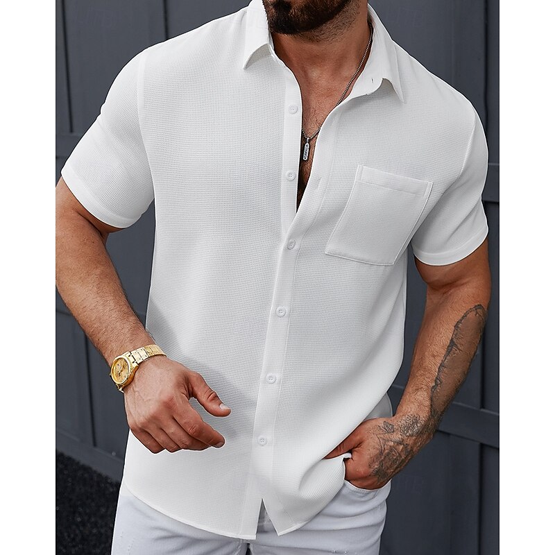 Men's Shirt Summer Shirt Casual Shirt Beach Shirt Button Up Shirt Black White Short Sleeve Plain Shirt Collar Vacation Hawaiian Front Pocket Clothing Apparel Polyester Fashion Casual Comfortable