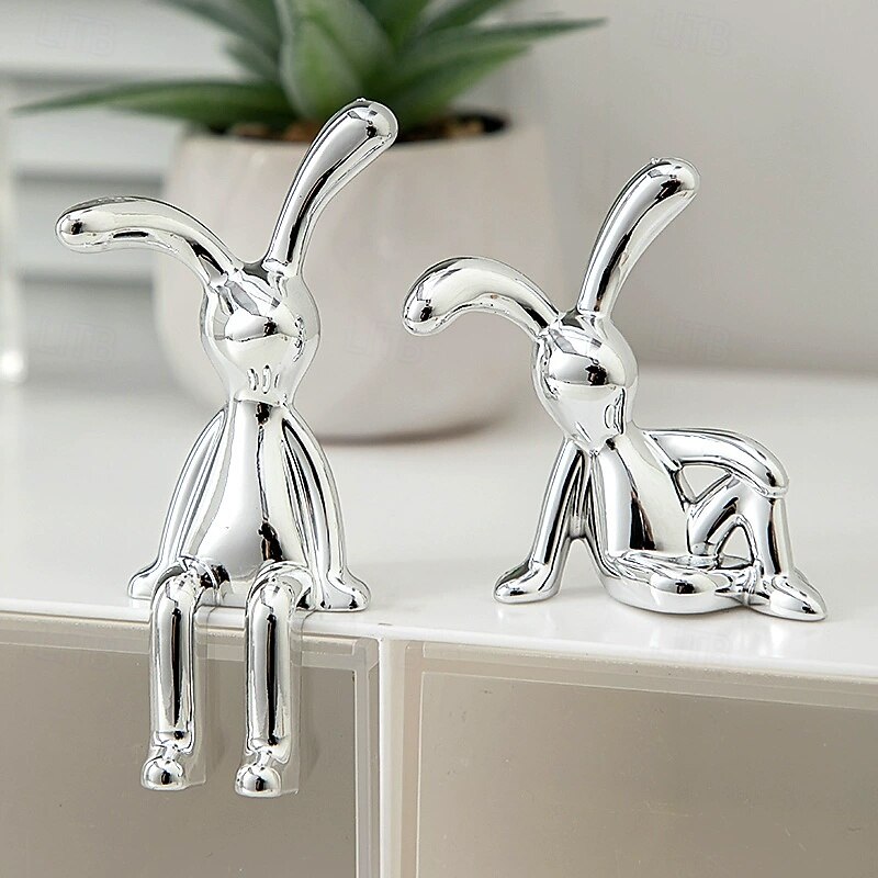 2pcs Set Easter Modern Silver-Plated Resin Rabbit Figurines, Fantasy-Themed Decor and Collectibles, Perfect for Living Room, Bedroom, and Various Room Types, Ideal Easter Gift for Friends2