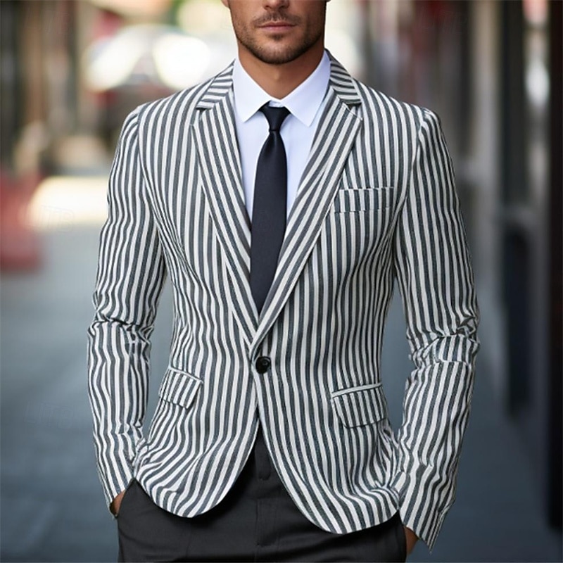 Men's Graduation Blazer Business Cocktail Party Wedding Party Fashion Casual Summer Spring Polyester Stripes Pocket Buttons Comfortable Single Breasted Blazer Dark Gray Light Grey