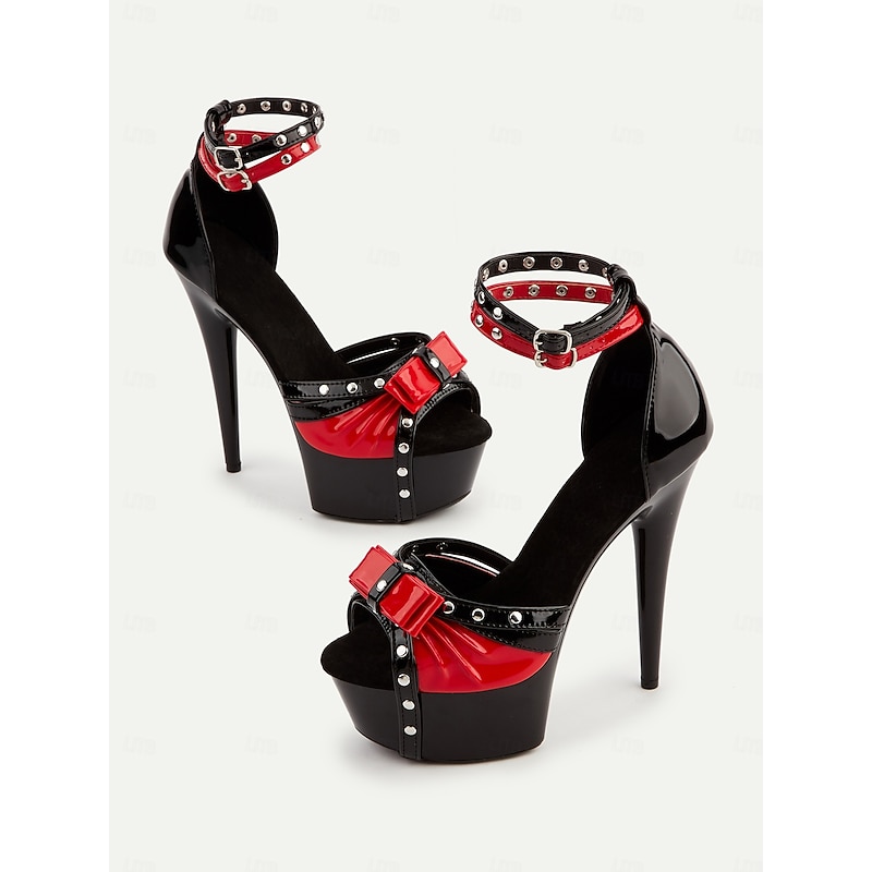 Women's 1980s Gothic Platform Stiletto Heels – Black and Red Peep-Toe High Heels with Studded Straps and Bow Detail for Clubwear, Parties, and Cosplay