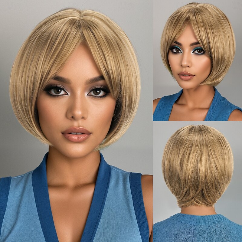 Synthetic Wig Wavy kinky Straight Asymmetrical Deep Parting Machine Made Wig 12 inch A1 Synthetic Hair Women's Classic Comfortable Color Gradient Multi-color