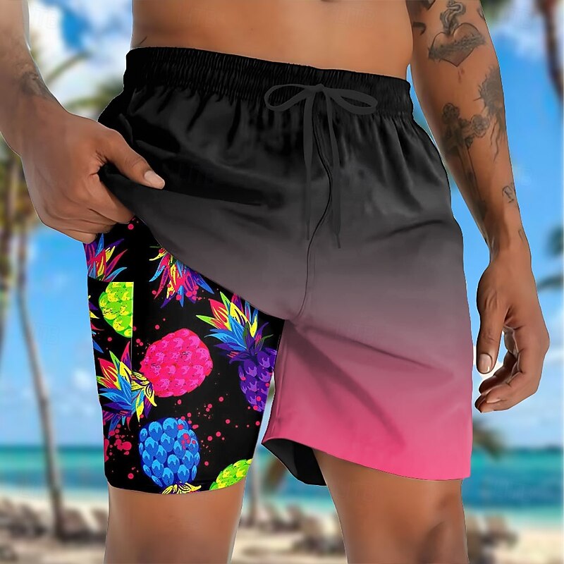 Men's Fruit Pineapple Lined Shorts 2 in 1 Board Shorts Swim Shorts Mid Waist Hawaiian Vacation Holiday Beach Wear Side Pockets With Compression Liner Elastic Drawstring Waist Designer Clothing Apparel4