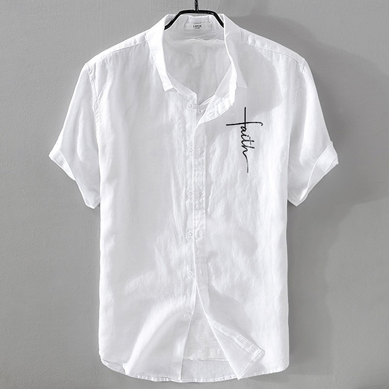 Men's Linen Shirt Casual Shirt Cotton Linen Shirt Button Up Shirt Pattern Vacation Street Black White Pink Dark Navy Short Sleeve Lapel Summer Clothing Apparel Button-Down