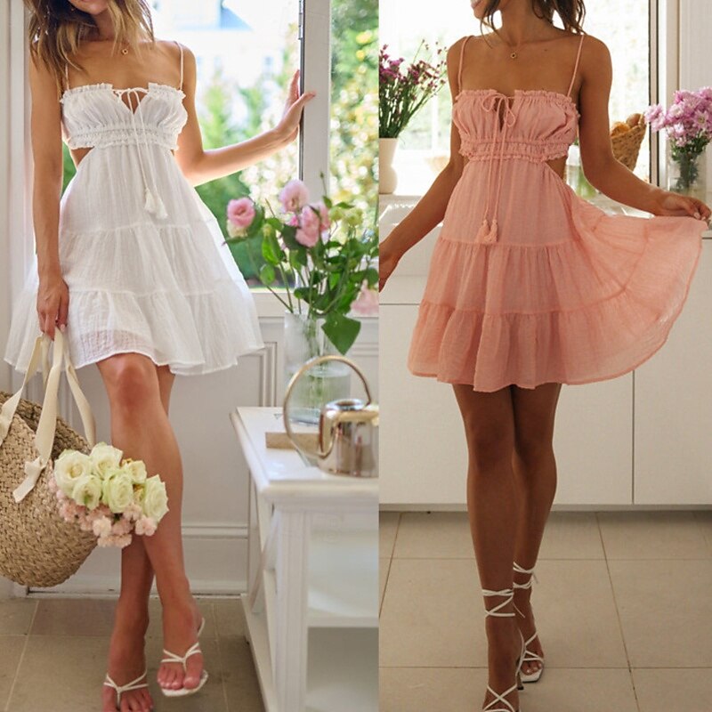 Women's Mini Dress White Dress Graduation Dress Slip Dress Fashion Holiday Graduation Weekend Regular Fit Plain Sleeveless Spaghetti Strap Light Yellow Black White Light Green Summer