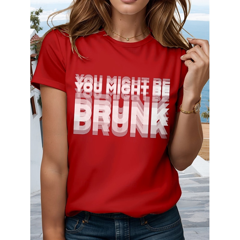Women's T Shirt Graphic Letter Stylish Casual Short Sleeve Round Neck Regular Tops Daily Weekend Print Black Wine Army Green Blue Summer Spring