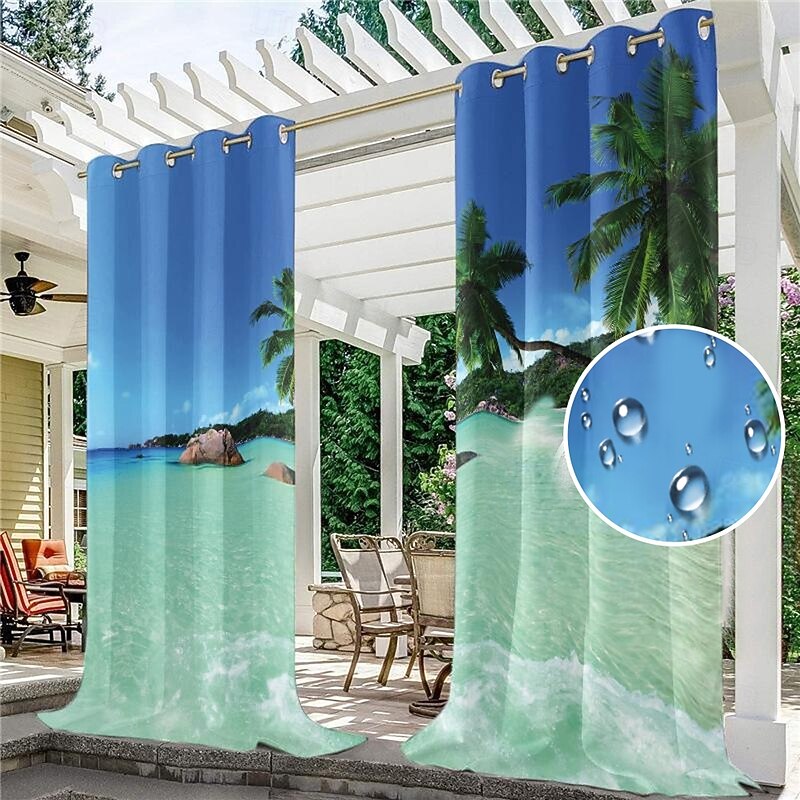 Waterproof Outdoor Patio Curtains Grommet Top, Extra Long, Light Blocking, Thermal Insulated, Ocean Beach Design - Privacy Protection Blackout Drapes for Front Porch, Sliding Door, Gazebos (2 Panels)