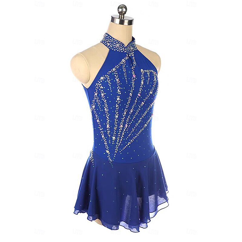 Figure Skating Dress Women's Girls' Ice Skating Dress Royal Blue Open Back Asymmetric Hem Mesh Spandex Stretchy Training Practice Professional Skating Wear Thermal Warm Crystal / Rhinestone Sleeveless3
