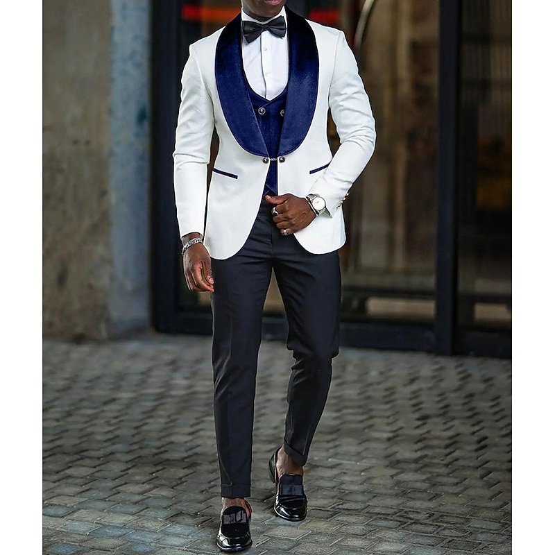 Men's Wedding Fall Wedding Suits Shawl Lapel Shawl Collar Dark Khaki Blue Daily Business Solid Colored Plus Size 3 Piece Single Breasted One-button4