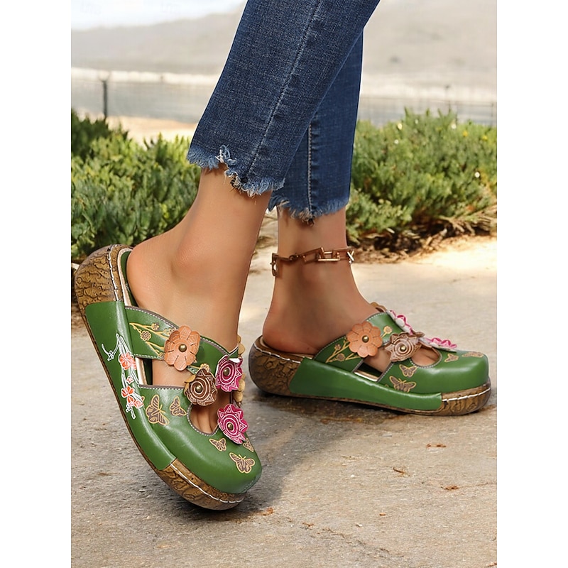 Women's Floral Leather Clog Sandals – Handmade Bohemian Slip-On Wedge Mules with Cutout Design for Casual Wear and Outdoor Comfort2