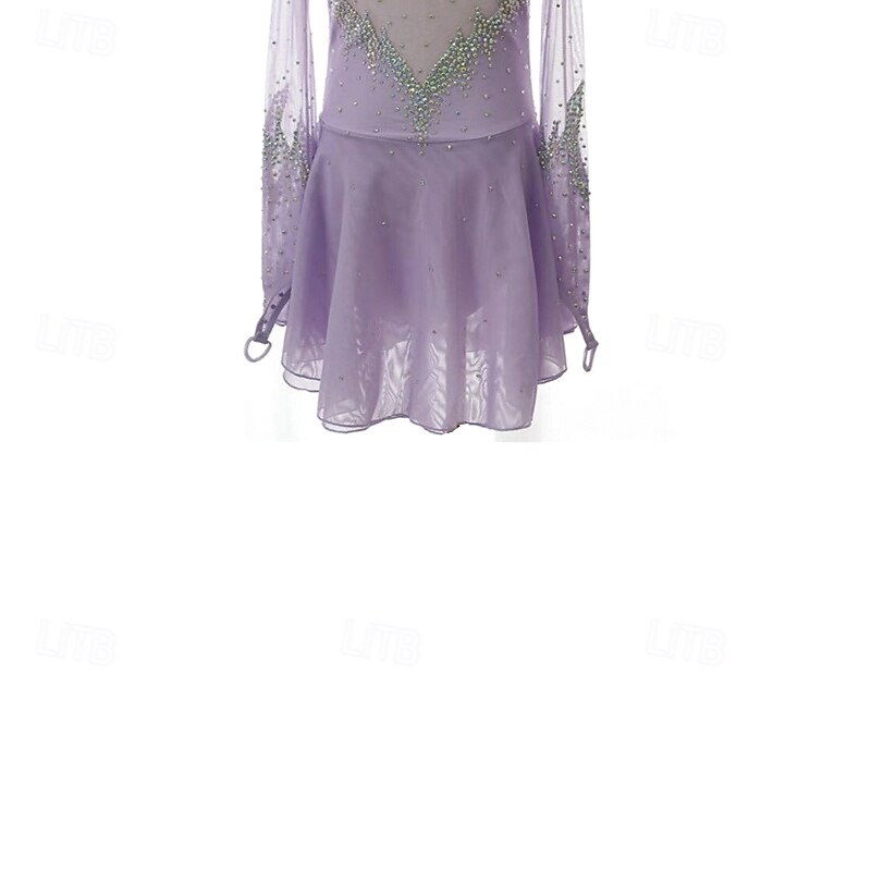 Figure Skating Dress Women's Girls' Ice Skating Dress Light Purple Patchwork Asymmetric Hem Mesh Spandex Stretchy Training Practice Professional Skating Wear Thermal Warm Crystal / Rhinestone Long4