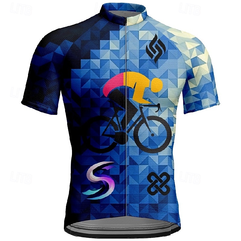 Men's Cycling Jersey Geometric Short Sleeve Bike Tee Tshirt Jersey with 3 Rear Pockets Mountain Bike MTB Quick Dry Anatomic Design Wicking Breathable Sports Dark Navy Blue Sky Blue Clothing Apparel