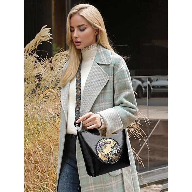 Women's Crossbody Bag Hobo Bag Shoulder Bags PU Leather Shopping Casual Daily Zipper Wide shoulder straps Large Capacity Lightweight Elephant Patchwork Brown3