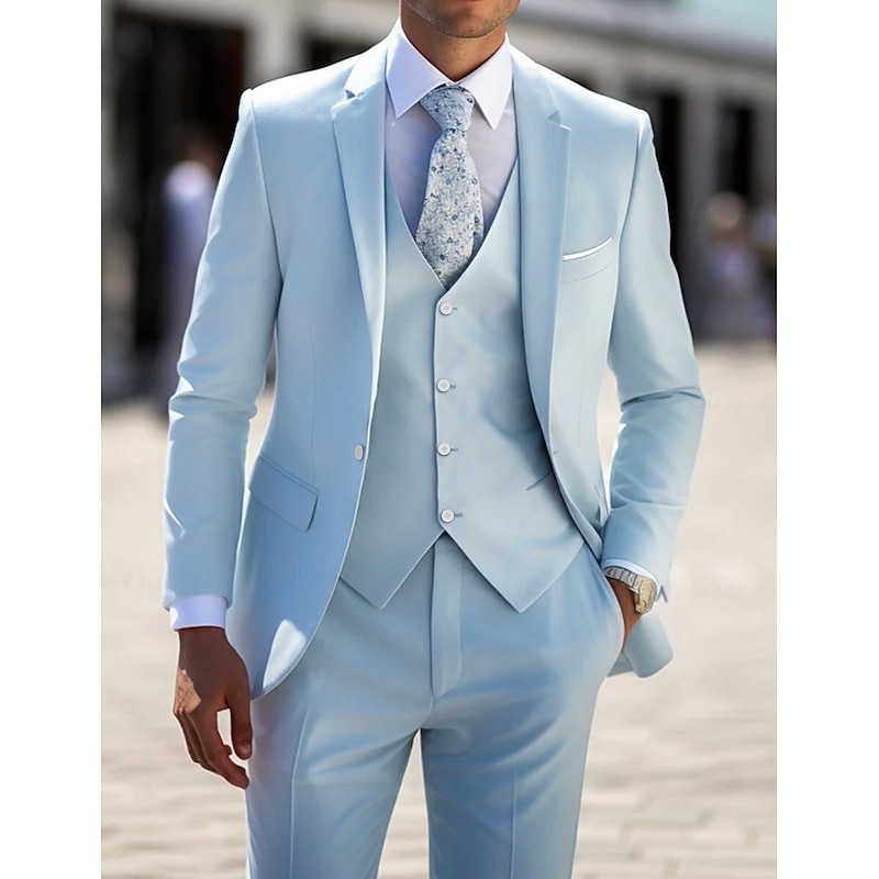 Men's Wedding Suits Sky Blue Light Grey Solid Colored Standard Fit 3 Piece Single Breasted One-button
