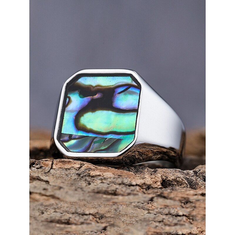 Men's square streamer shell stainless steel ring, gold and silver, fashionable and individual, suitable for daily vacation wear and casual gatherings