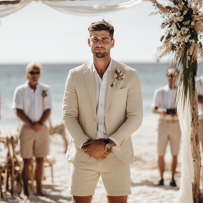 Men's Beach Wedding Linen Suits Notch Lapel Sky Blue Khaki Fashion Daily Solid Colored Standard Fit 2 Piece Single Breasted Two-buttons2