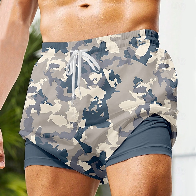 Men's Camouflage Lined Shorts 2 in 1 Board Shorts Swim Trunks Mid Waist Hawaiian Vacation Holiday Beach Wear Side Pockets With Compression Liner Elastic Drawstring Waist Designer Clothing Apparel2