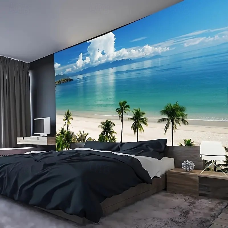 Landscape Ocean Palm Trees Hanging Tapestry Wall Art Large Tapestry Mural Decor Photograph Backdrop Blanket Curtain Home Bedroom Living Room Decoration