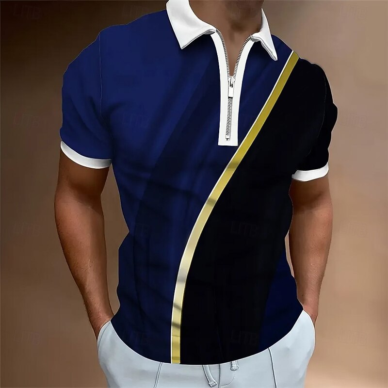 Men's Geometic Line Zip Polo Short Sleeve Turndown Casual Daily Outdoor Dailywear Athleisure Zipper Summer Robin's Egg Blue