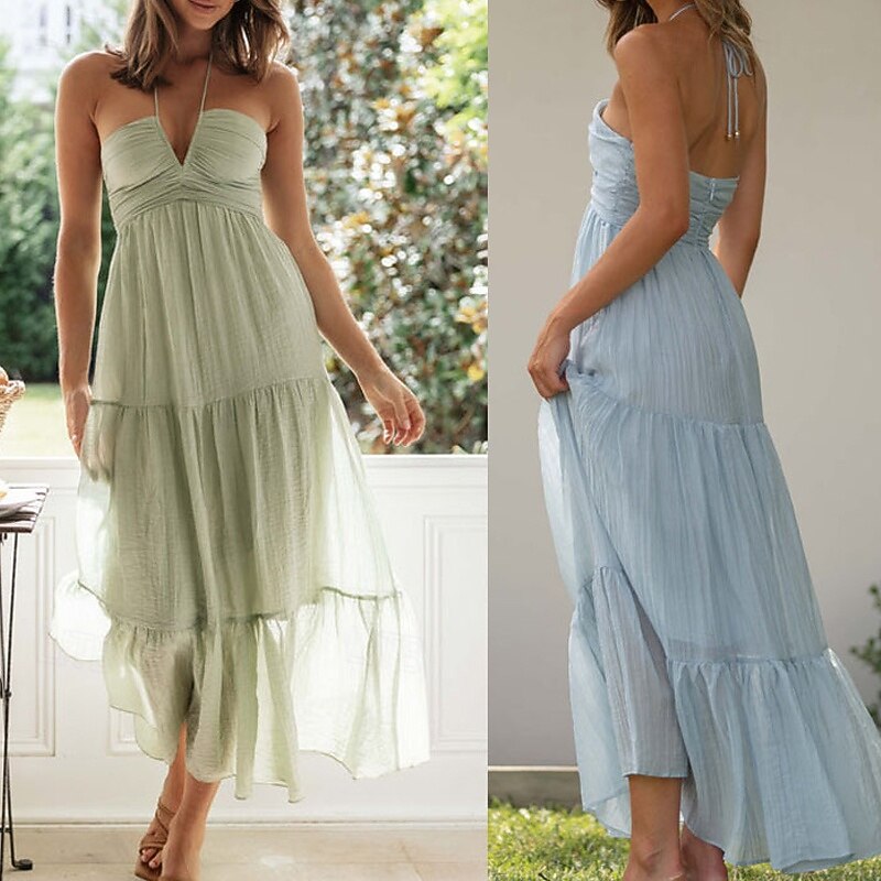 Women's Midi Dress Graduation Dress Fashion Outdoor Date Going out Regular Fit Plain Sleeveless Spaghetti Strap Blue Green Summer