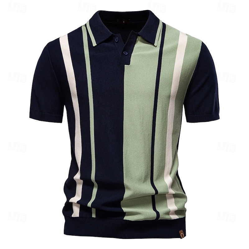 Men's Polo Knit Polo Sweater Formal Work Turndown Short Sleeve Striped Vertical Stripes Stripe Buttons Spring Black Khaki Polo