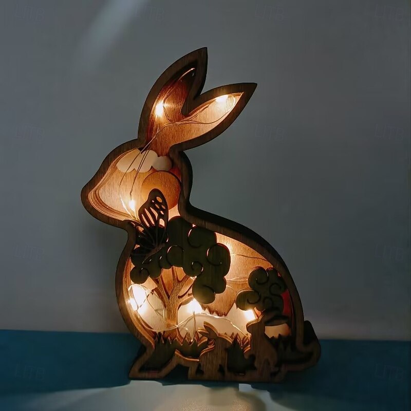 Easter Light 3D Carved Rabbit Lamp Forest AnimalDesk Art Decor Wooden Farmhouse Table Decoration Cabin Decor Nursery Decor Mountain Decor for Bedroom Living Room Perfect for Easter (Rabbit)4