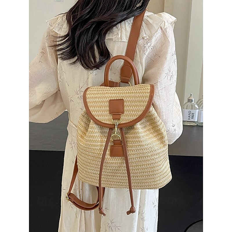 Straw Backpack for Women – Boho Woven Rattan Travel Bag with Leather Straps, Chic Summer Beach Rucksack, Casual Vacation & Daily Use Handbag White Pink Brown