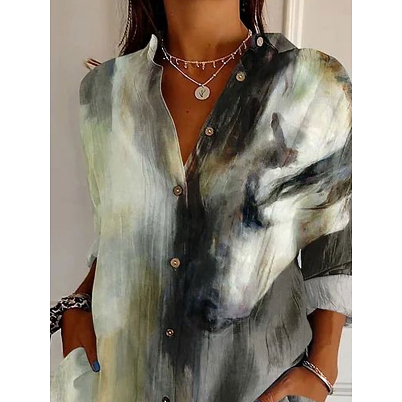 Women's Shirt Button Down Tunic Shirt Collar Long Sleeve Ombre Graphic Tie Dye Casual Regular Tops Work Daily s Print Sage Green Spring Fall Winter3