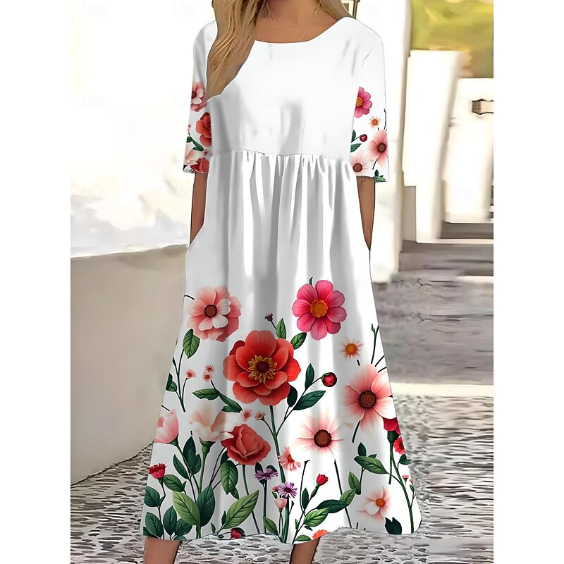 Women's Midi Dress Sundress Pleated Dress Vacation Casual Beach Daily Going out Summer Dress Loose Fit Floral Graphic Short Sleeve Crew Neck White Pink Blue Dark Blue Summer2