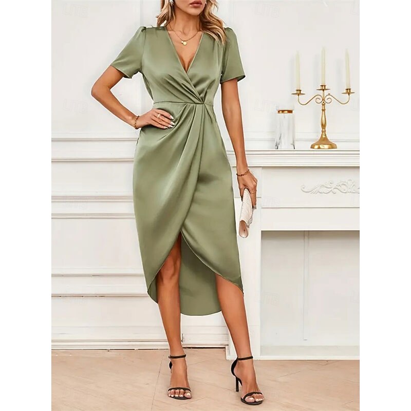 Women's Midi Dress Party Dress Cocktail Dress Satin Dress Elegant Fashion Romantic Wedding Party Wedding Guest Regular Fit Plain Short Sleeve V Neck Black Champagne Wine Green Summer