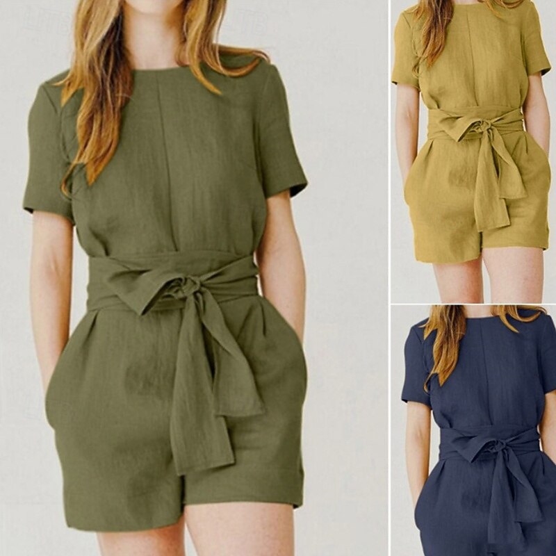 Women's Normal Linen-Inspired Pants Streetwear Solid Color Short Sleeve Crew Neck Pocket Street Going out Regular Fit Yellow Army Green Navy Blue Summer