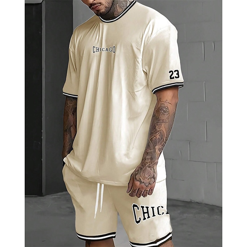 Men's Tracksuit Outfit Set Shorts Crew Neck Outdoor Daily Sports Pocket Drawstring 2 Piece Graphic Letter Black White Light Green Polyester Activewear Streetwear Casual Summer3