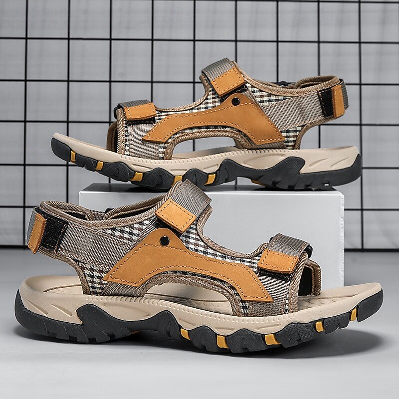 Men's Beige and Yellow Outdoor Hiking Sandals with Adjustable Velcro Straps, Breathable Fabric and Non-Slip Sole for Summer Adventures4