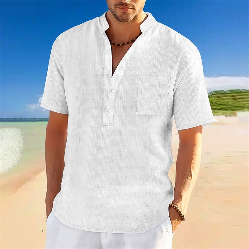 Men's Shirt Summer Shirt Casual Shirt Beach Shirt Button Up Shirt Black White Dark Navy Sky Blue khaki Short Sleeve Plain Standing Collar Vacation Hawaiian Pocket Clothing Apparel Polyester Fashion