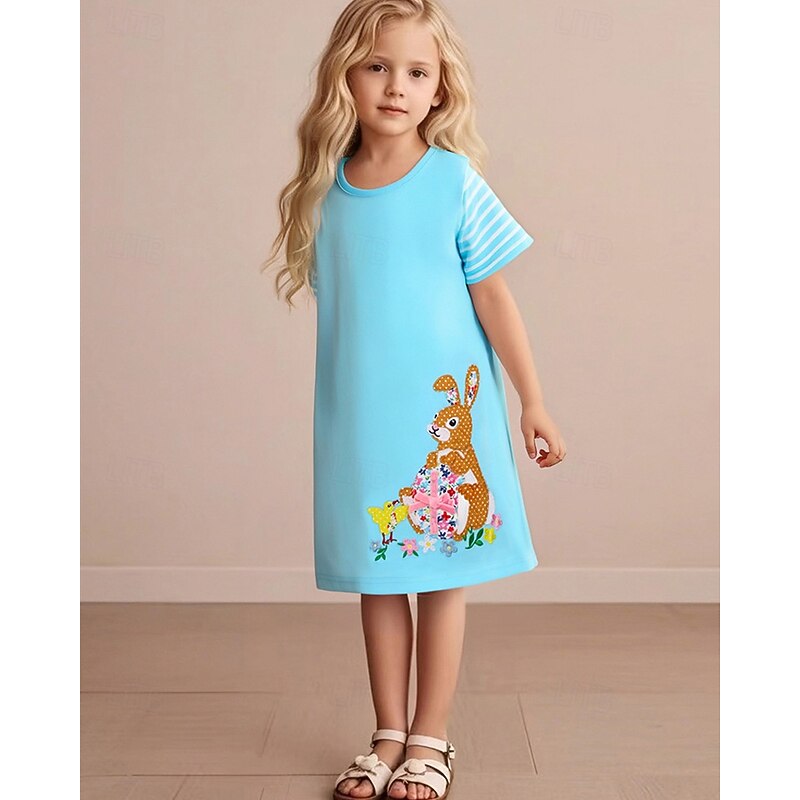 Kids Girls' Dress Rabbit Short Sleeve Outdoor Casual Fashion Adorable 100% Cotton Knee-length Casual Dress A Line Dress Summer 4 years+ Blue