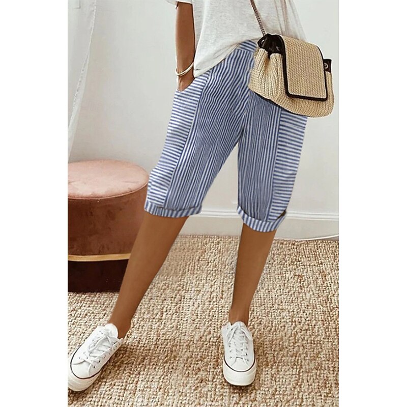 Women's Cotton Linen Pants Slacks Crop Casual Knee Length Natural Striped Pocket Elastic Waist Comfy Outdoor Comfortable Daily Wear Going out Light Sky Blue Black Pink Summer Regular Fit