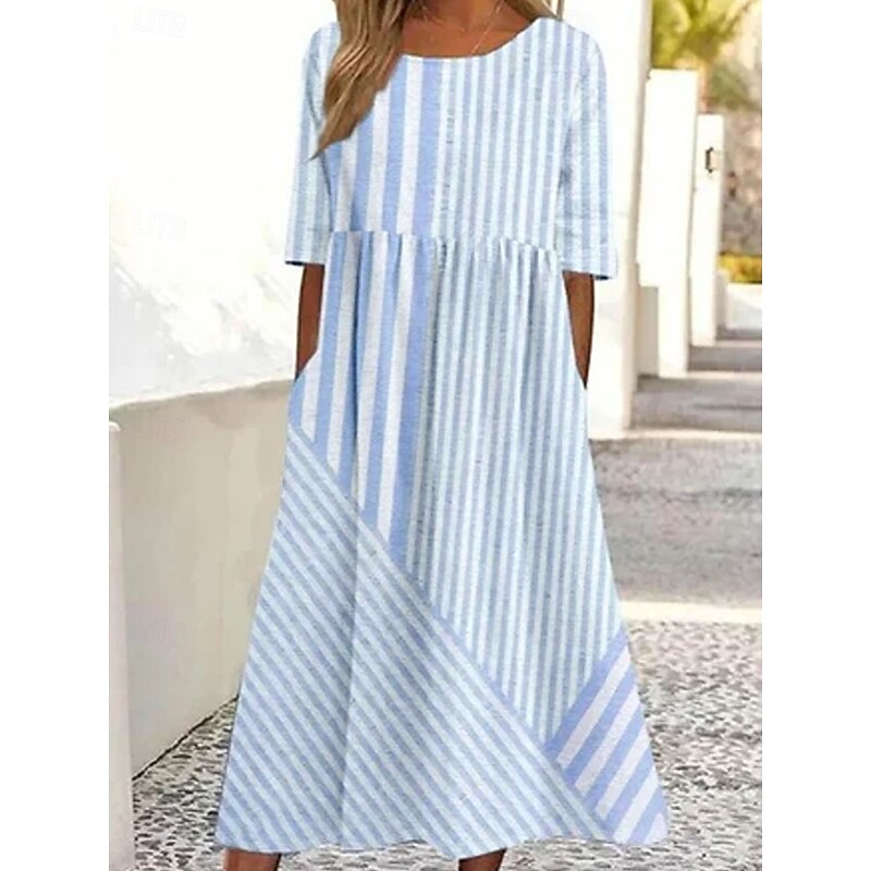 Women's Midi Dress Sundress Summer Dress Vacation Casual Beach Daily Holiday Tea Party Loose Fit Graphic Striped Half Sleeve Crew Neck Pink Blue Purple Summer2