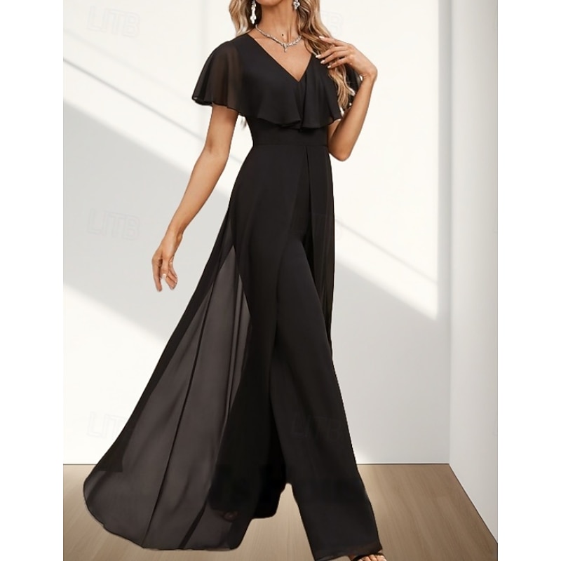 Jumpsuit / Pantsuit Mother of the Bride Dress Wedding Guest Elegant V Neck Floor Length Chiffon Short Sleeve with Ruffles Side Draping3